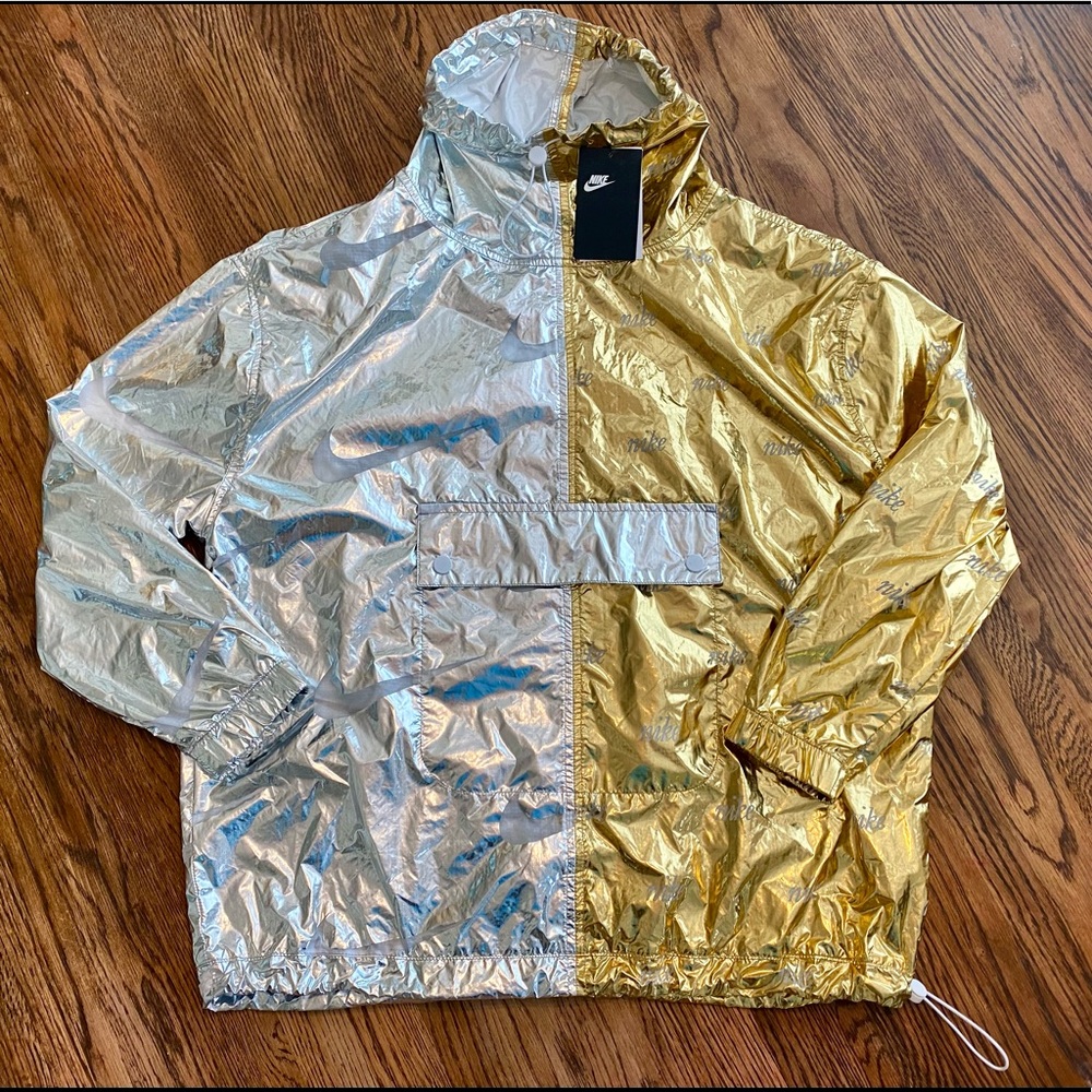 NWT NIKE NSW Womens Sportswear Gold-Silver Metallic Foil Windbreaker Jacket XS